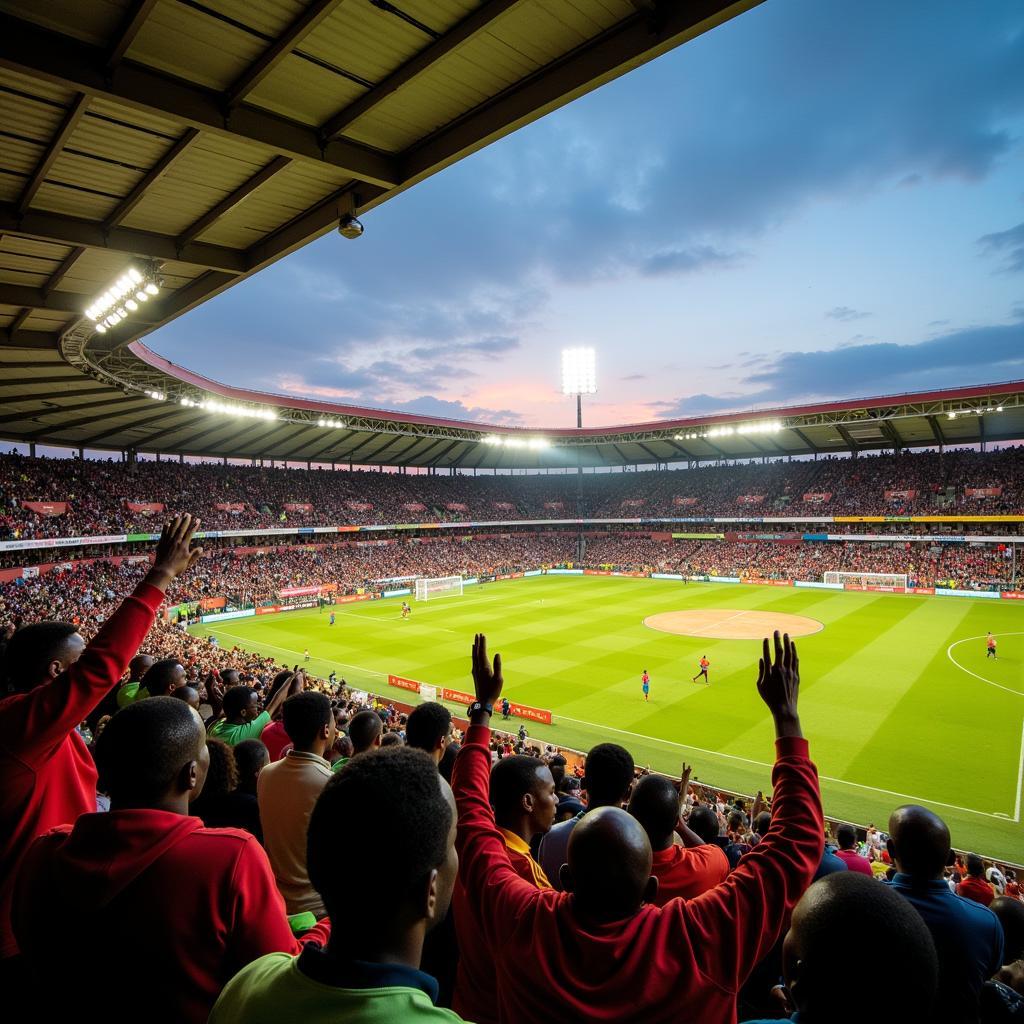 Cổ động viên cuồng nhiệt tại sân vận động Nairobi City Stadium trong một trận đấu bóng đá sôi động.