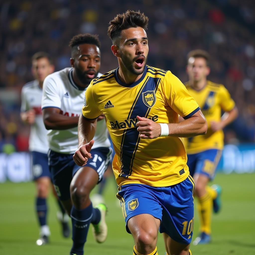 Nicolás Figal, hậu vệ đá tảng của Boca Juniors, thể hiện sức mạnh và kỹ thuật phòng ngự.