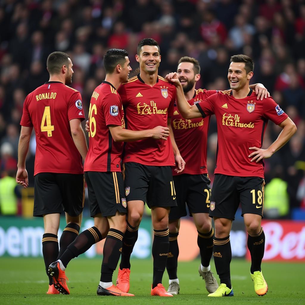 Niềm đam mê bóng đá: Hình ảnh Cristiano Ronaldo ăn mừng bàn thắng với đồng đội, thể hiện niềm vui sướng và tinh thần đồng đội.
