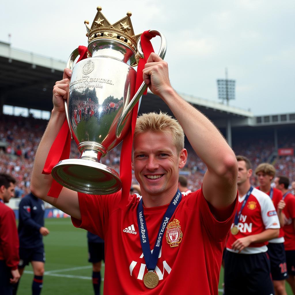 Peter Schmeichel nâng cao chiếc cúp vô địch Champions League.