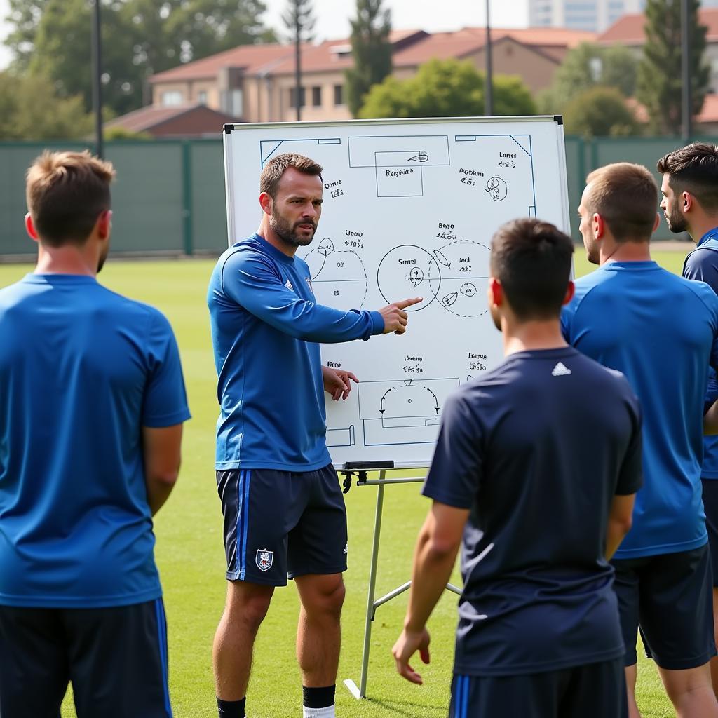HLV của Real Sporte FC đang chỉ đạo chiến thuật cho các cầu thủ.