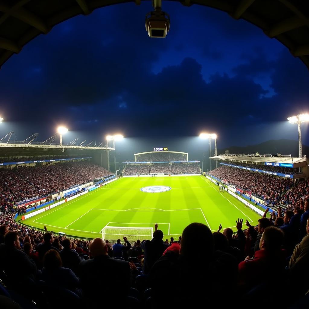 Hình ảnh sân vận động Bristol Rovers FC Stadium lung linh ánh đèn trong một trận đấu đêm.