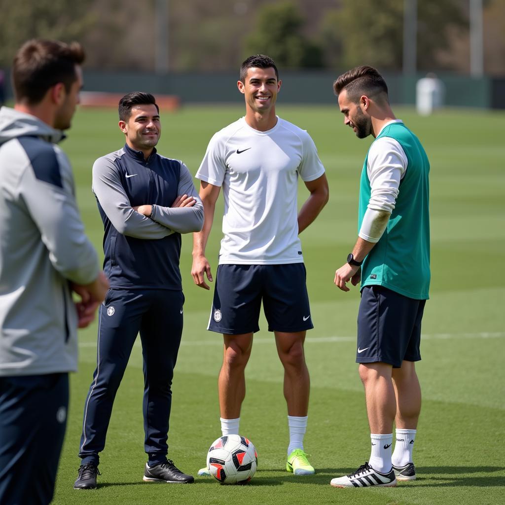Y Học Thể Thao Trong Bóng Đá: Hình ảnh Cristiano Ronaldo đang tập luyện cùng huấn luyện viên thể lực và bác sĩ thể thao.