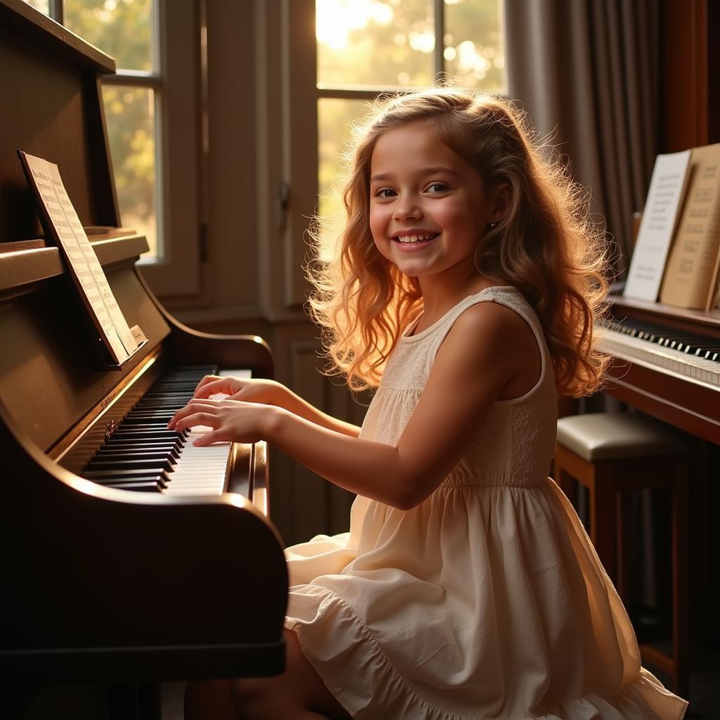 Ý nghĩa tên Cicilia - Hình ảnh minh họa một cô gái chơi đàn piano với nụ cười rạng rỡ, thể hiện sự đam mê âm nhạc và tinh thần lạc quan.